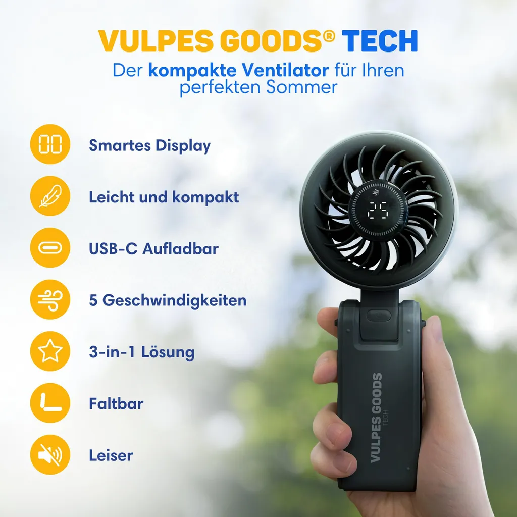 Hand hält grauen Vulpes Goods Tech Ventilator mit Display und USB-C, umgeben von Werbetexten.