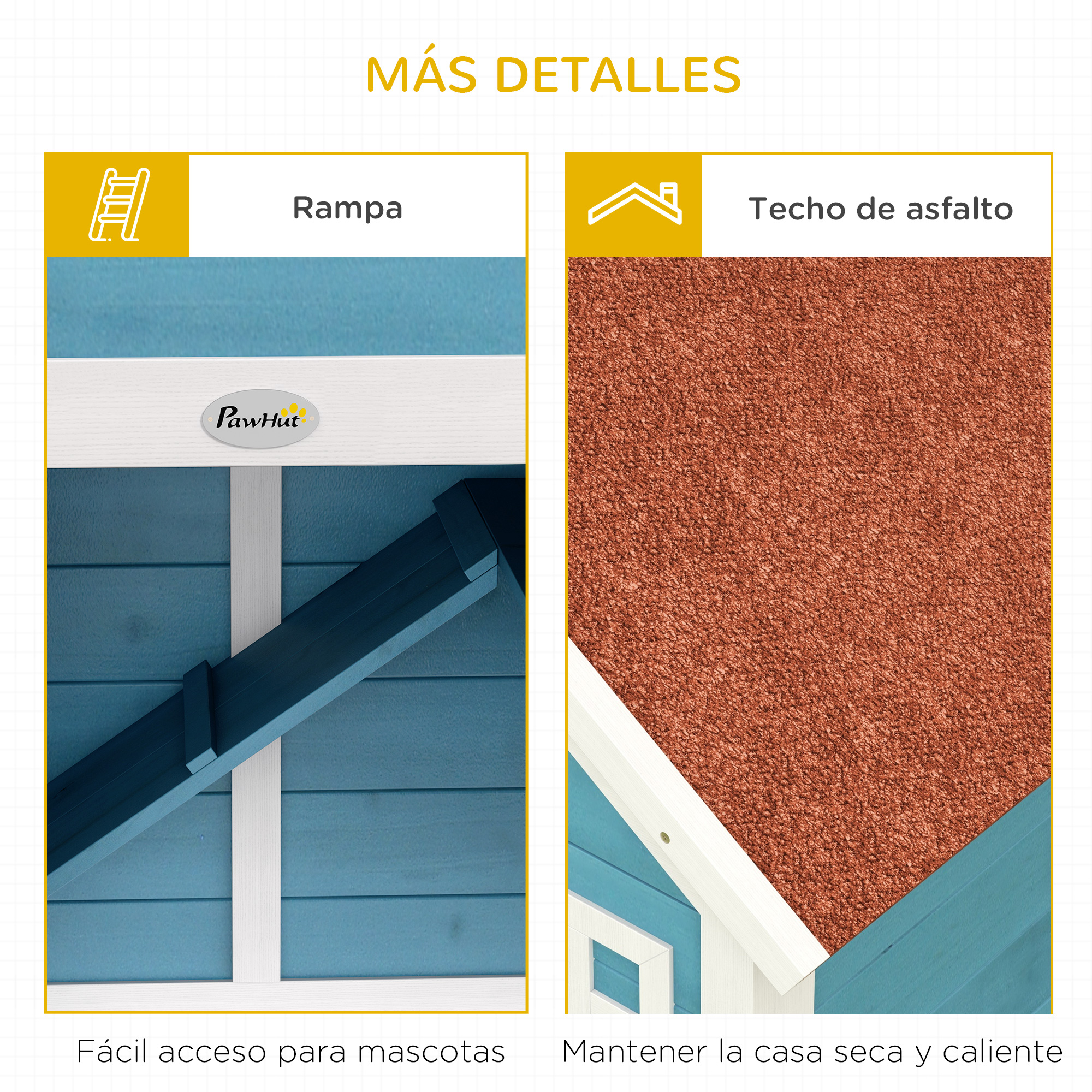 Detalles del producto con una rampa azul y un techo de asfalto para una casa de mascotas.