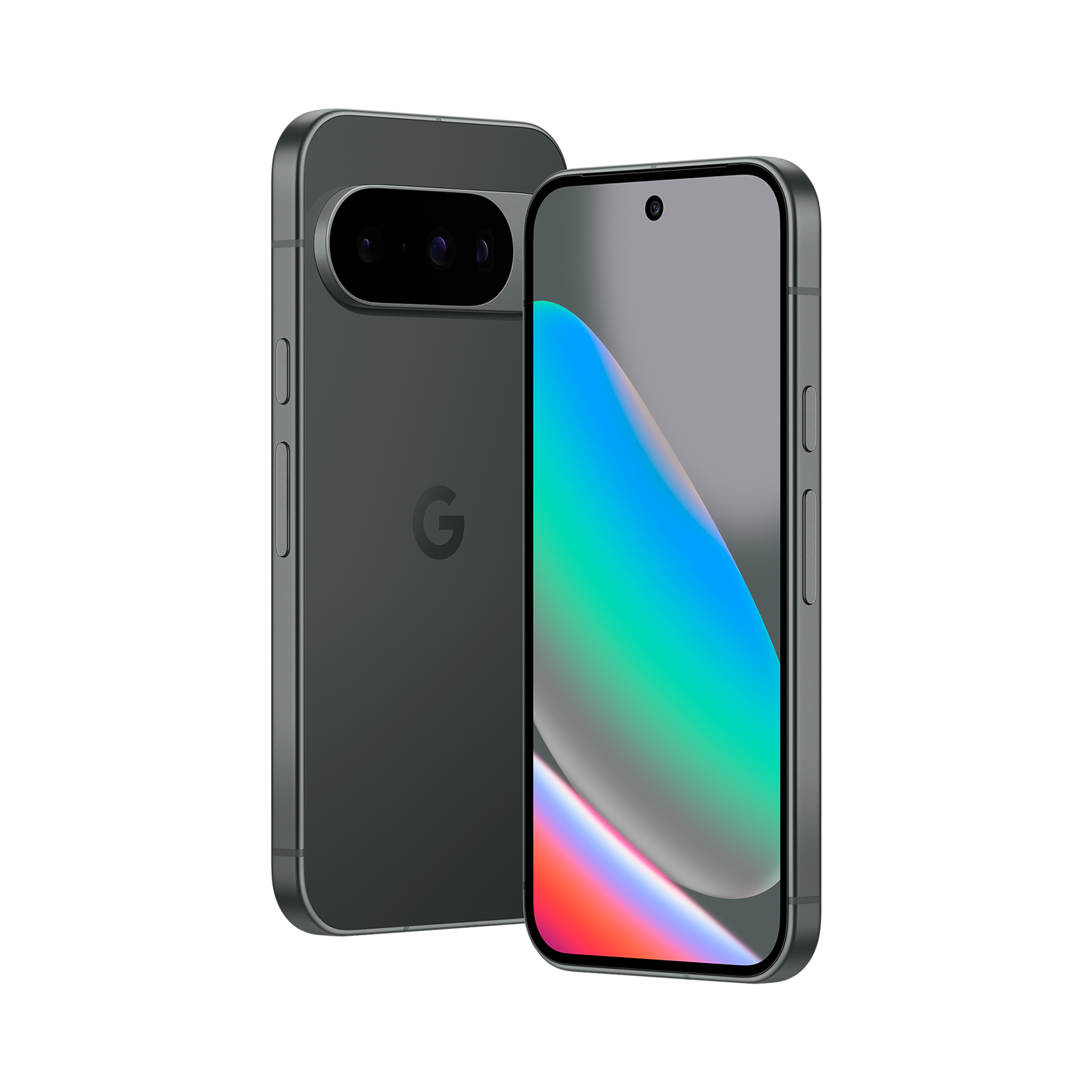Zwei schwarze Smartphones zeigen Front- und Rückansicht mit Kameramodul auf weißem Hintergrund.