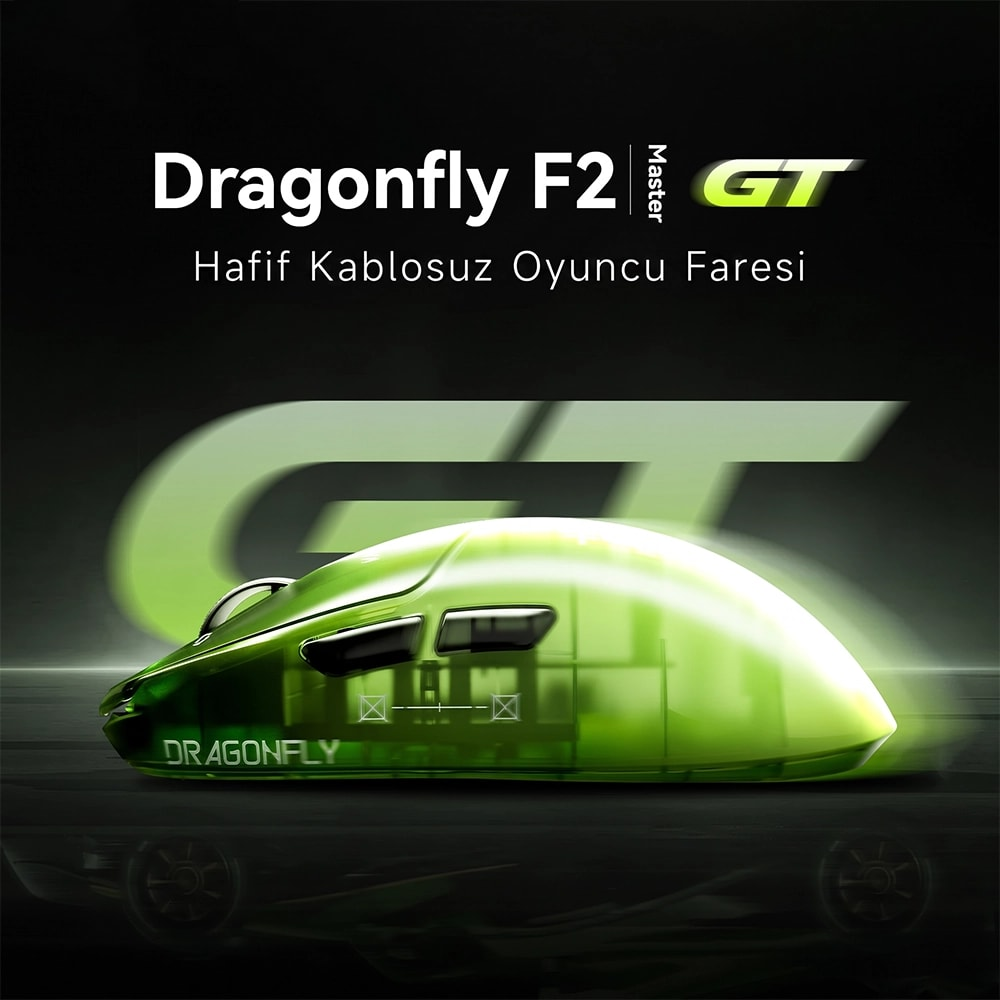Fütüristik aydınlatmaya sahip yeşil Dragonfly F2 Master GT kablosuz oyuncu faresi.