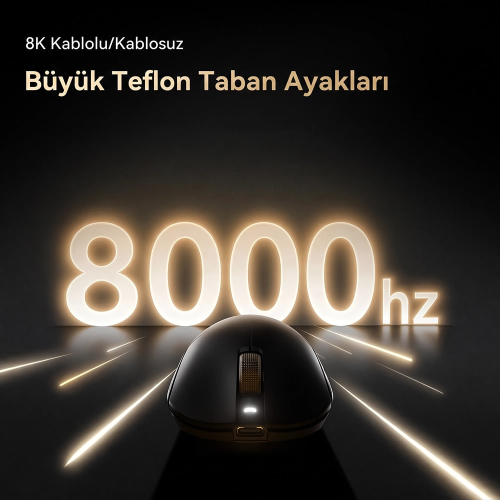 Karanlık yüzey üzerinde siyah bilgisayar faresi, arkada parlayan 8000Hz yazısı ve ışık çizgileri.