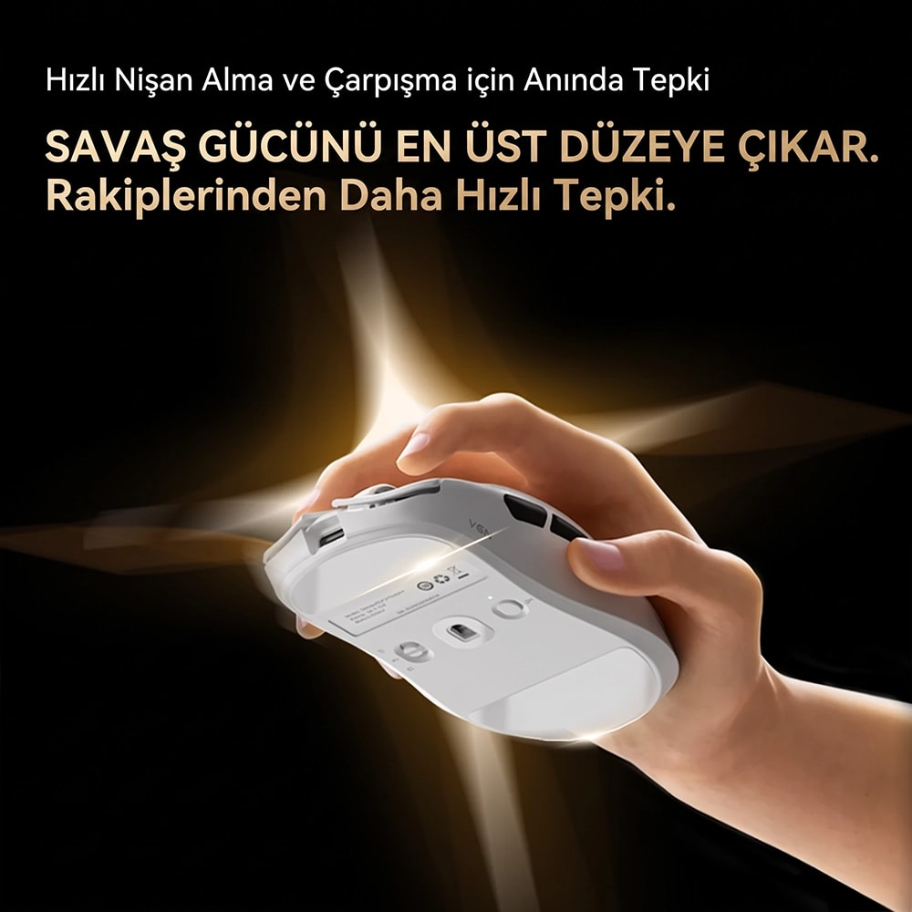 Siyah arka planda parlama efektli beyaz oyun faresini tutan bir el ve üzerinde Türkçe yazılar.