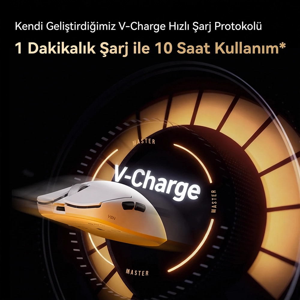 V-Charge yazısı ve hızlı şarj bildirimiyle parlayan sarı kadranın önünde beyaz VGN bilgisayar faresi.