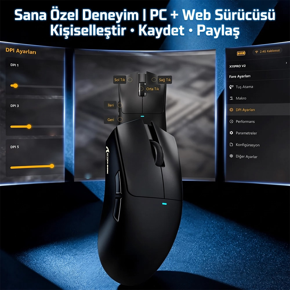 DPI ayarları ve arka planda yazılım arayüzü olan siyah oyuncu faresi.