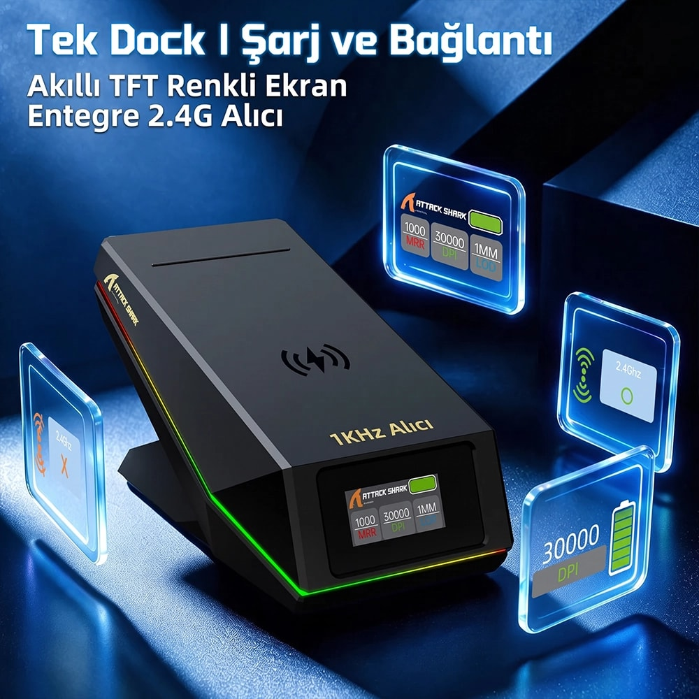 Koyu arka plan üzerinde TFT ekranlı ve yüzen mavi bilgi panelli siyah şarj istasyonu.