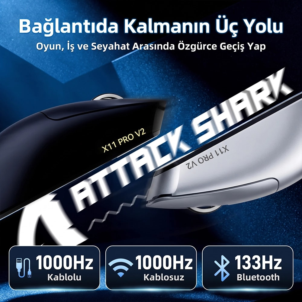 Üç bağlantı seçeneğine sahip Attack Shark X11 Pro V2 fare.