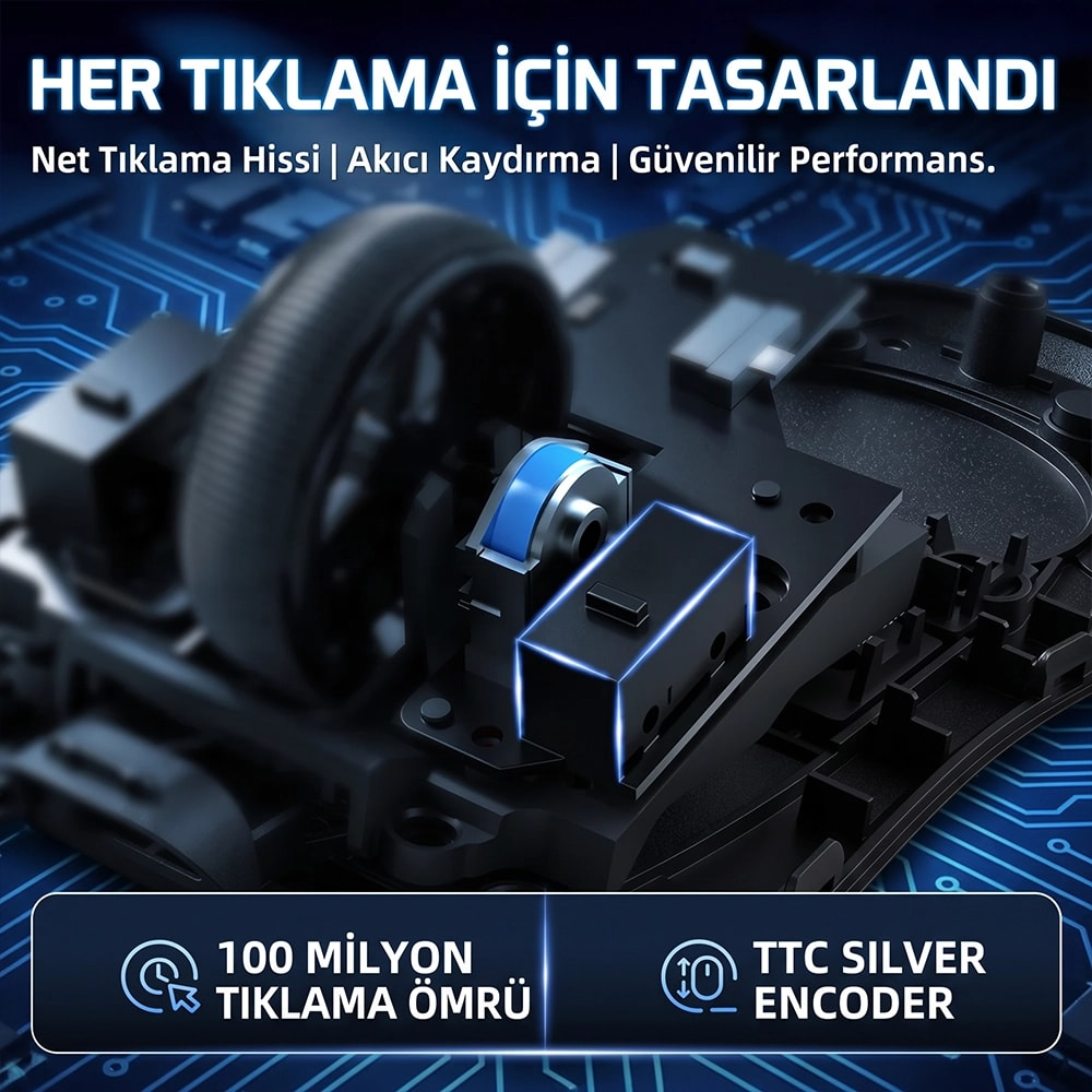 Mavi devre kartı arka plan aydınlatmasına sahip dahili bilgisayar faresi bileşenlerinin yakın çekimi.