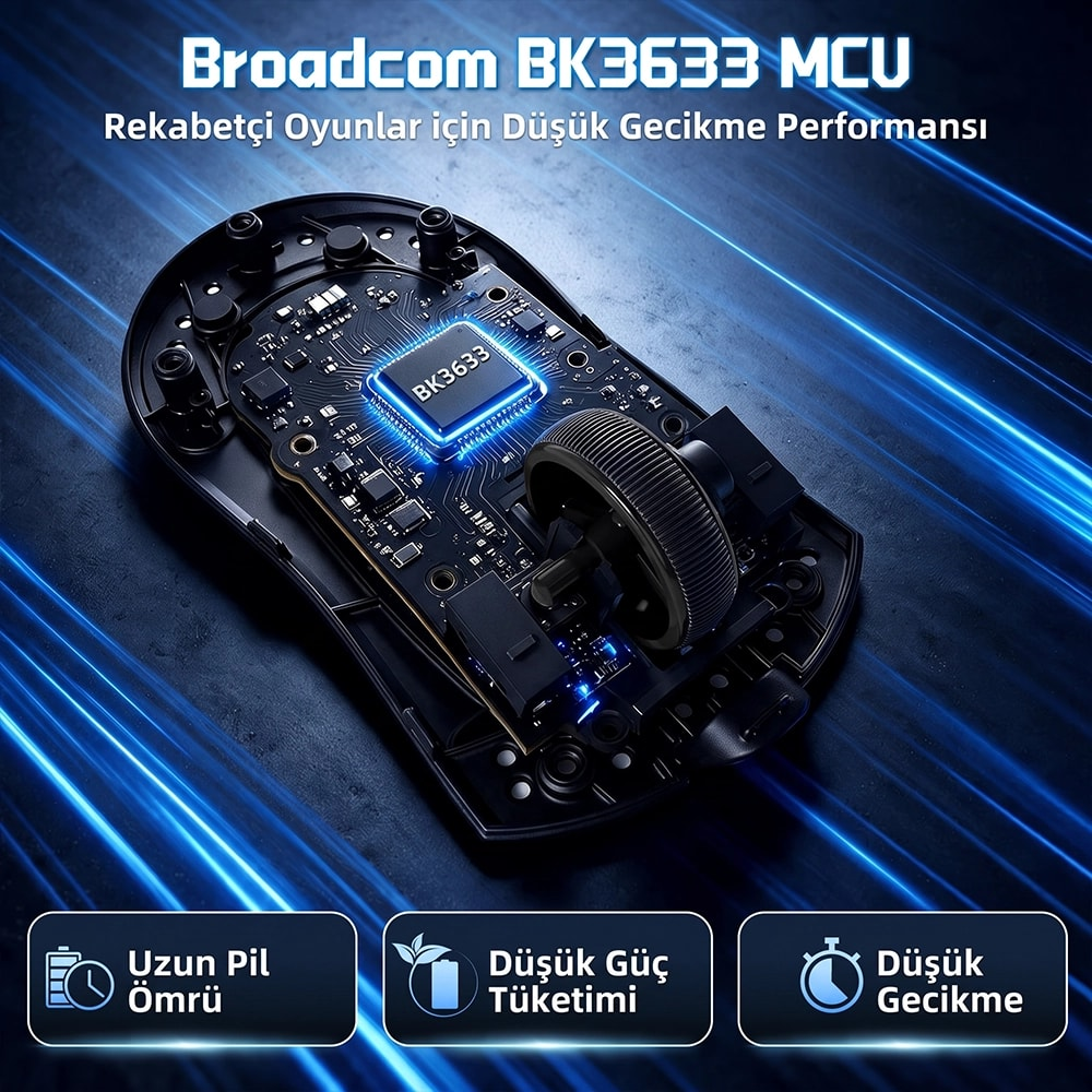 BK3363 MCU çipini ve kaydırma tekerleğini gösteren siyah oyuncu faresinin iç devresi.