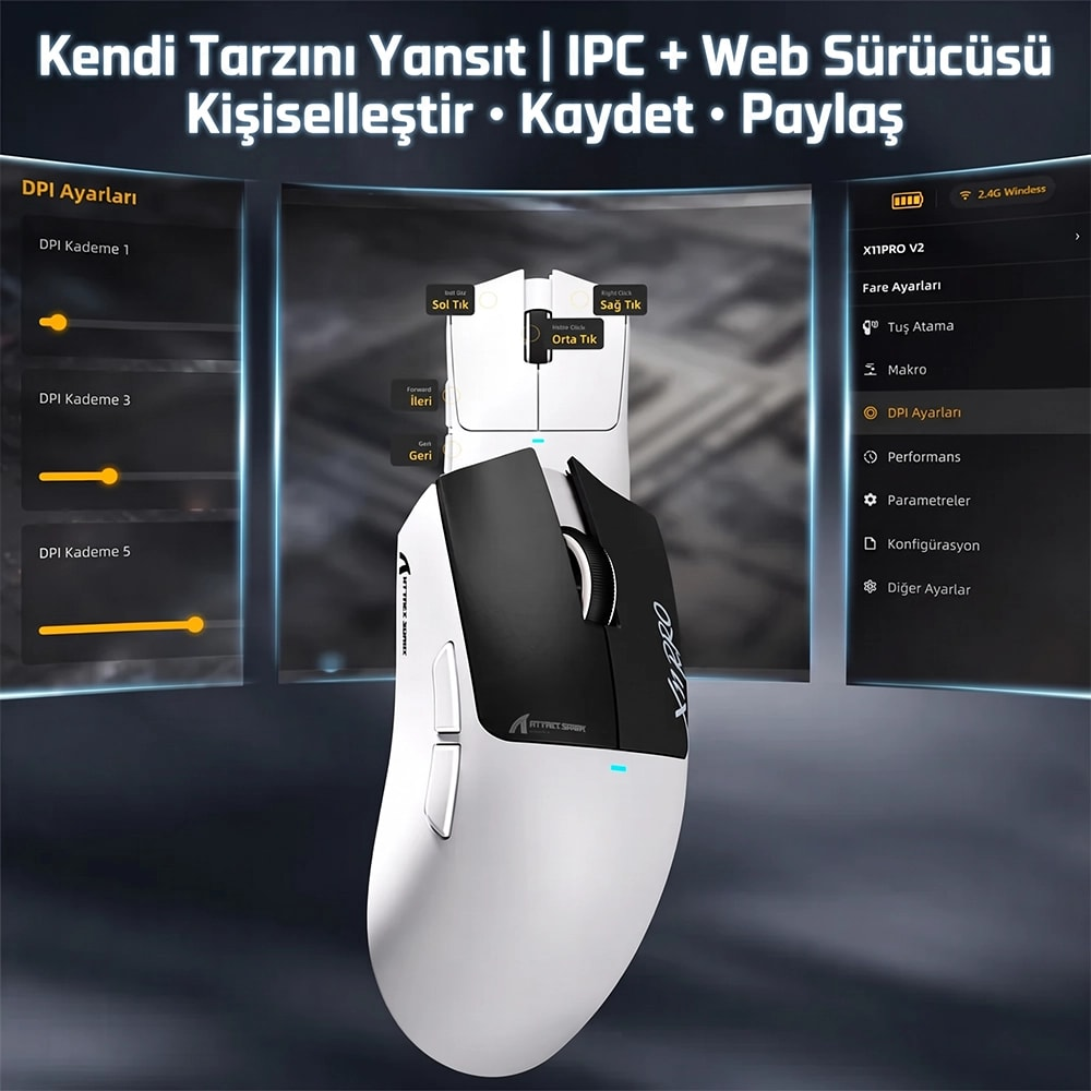 Arka planda DPI ayarları ve yazılım arayüzü olan beyaz ve siyah oyuncu faresi.