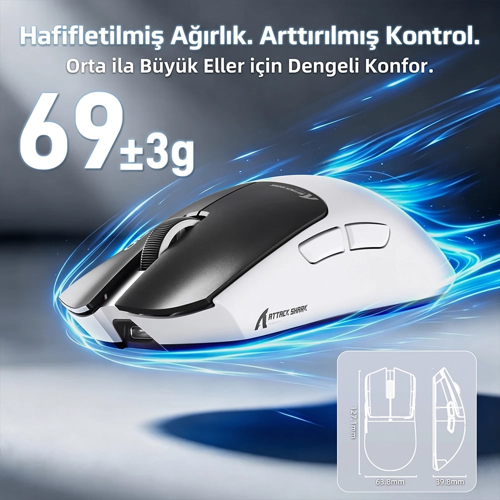 Mavi ışık efektleri ve ölçü şemalarıyla çevrili beyaz ve siyah kablosuz oyuncu fares.