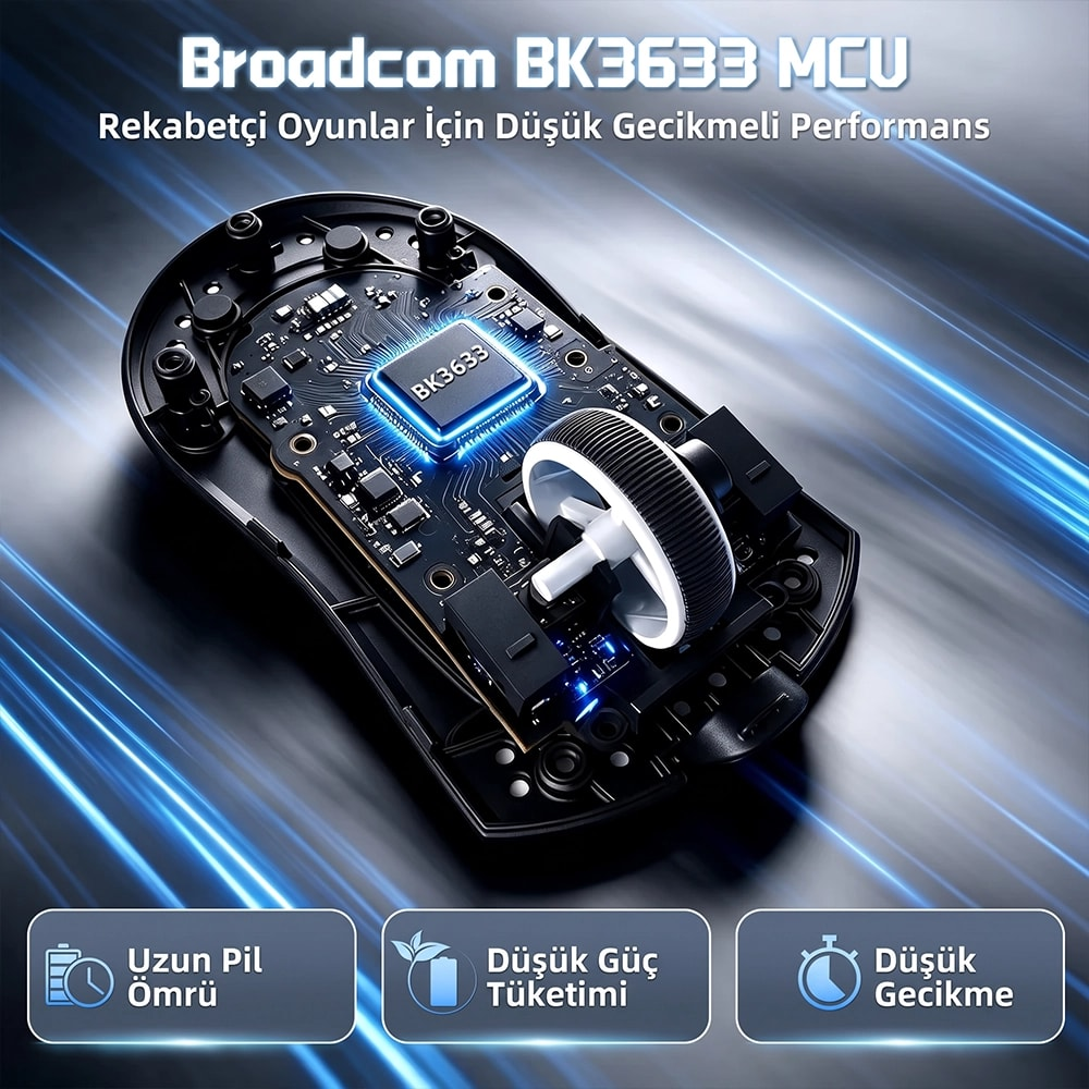 Metalik arka planda Broadcom BK3633 çipi ve tekerleği gösteren oyuncu faresinin iç görünümü.