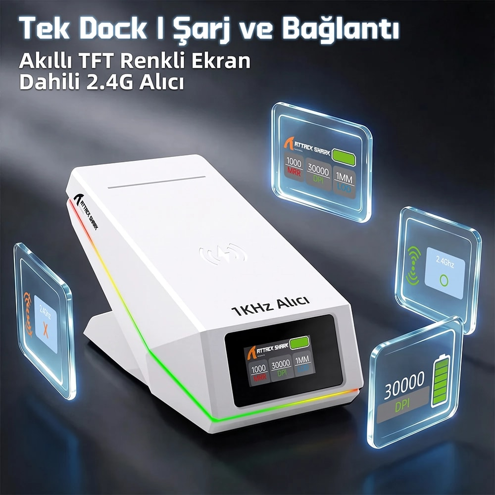 Renkli ekranlı ve yüzen mavi simgeli beyaz şarj istasyonu.
