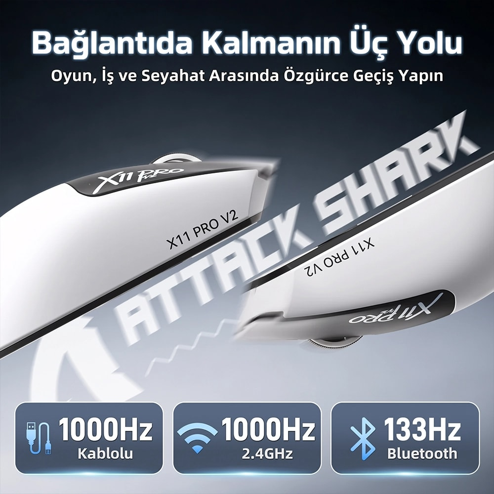Kablolu, 2.4GHz ve Bluetooth bağlantı modlarına sahip Attack Shark X11 Pro V2 beyaz oyuncu faresi.