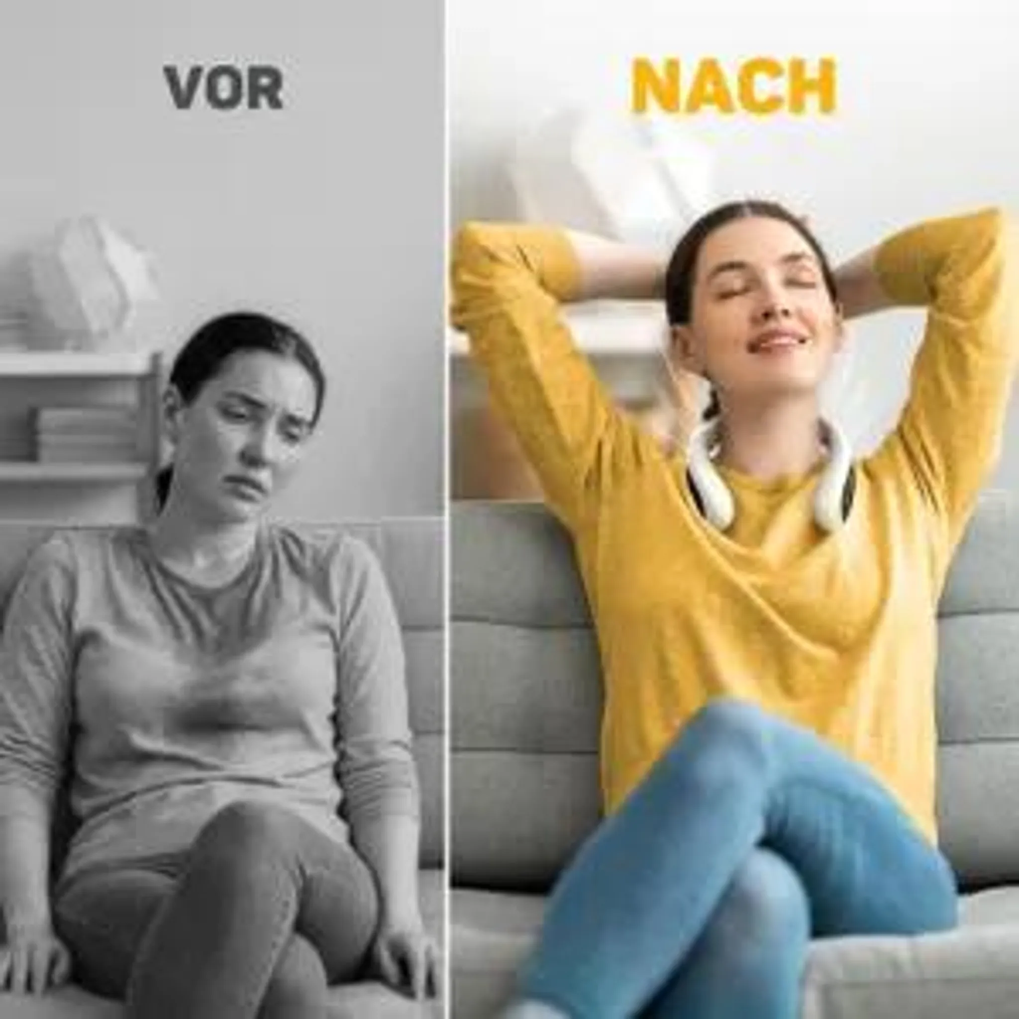 Vor- und Nachher-Vergleich einer traurigen Frau in Schwarz-Weiß, dann lächelnd in Farbe mit Nackenband.
