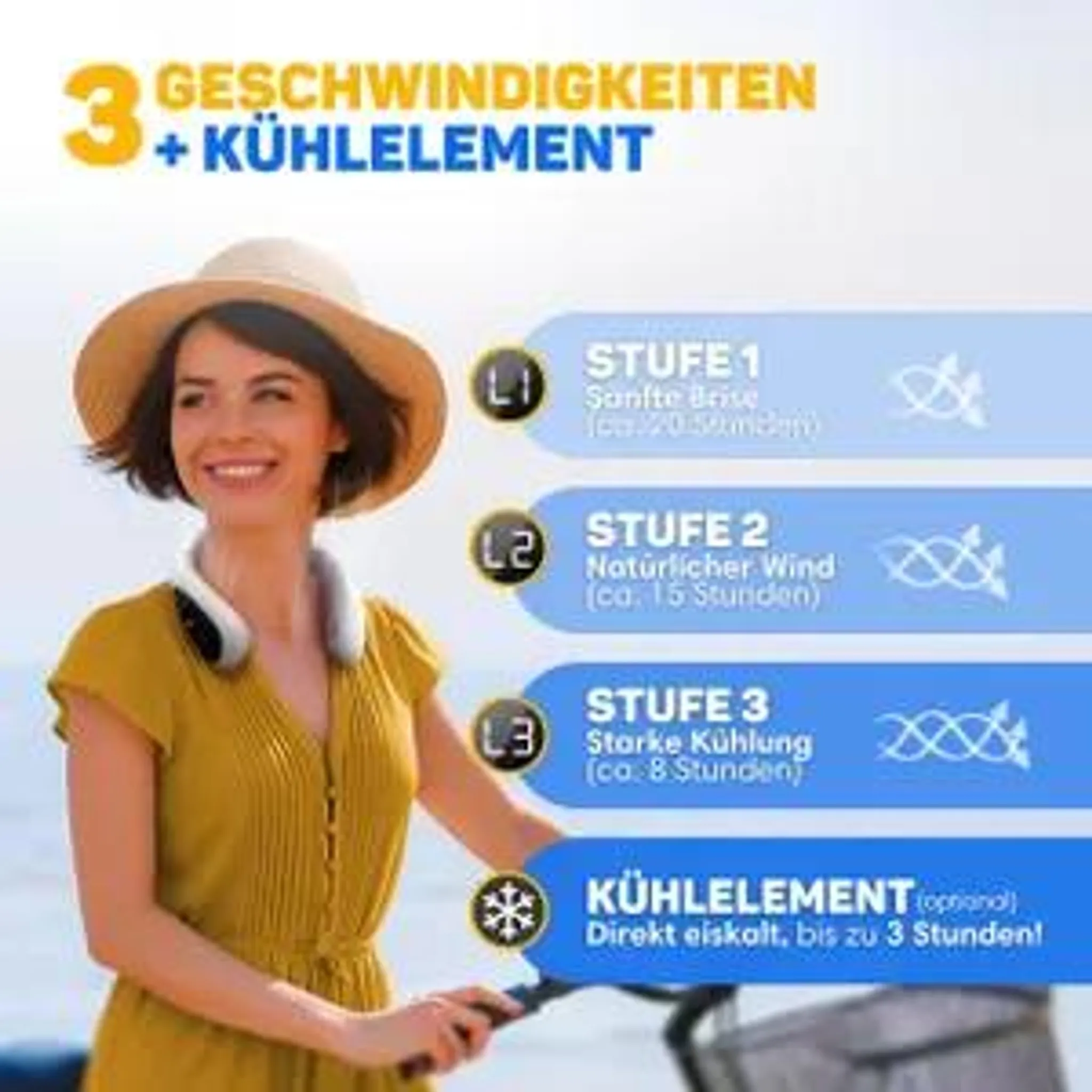 Frau mit Hut und Nackenventilator zeigt drei Geschwindigkeitsstufen und Kühlelement.