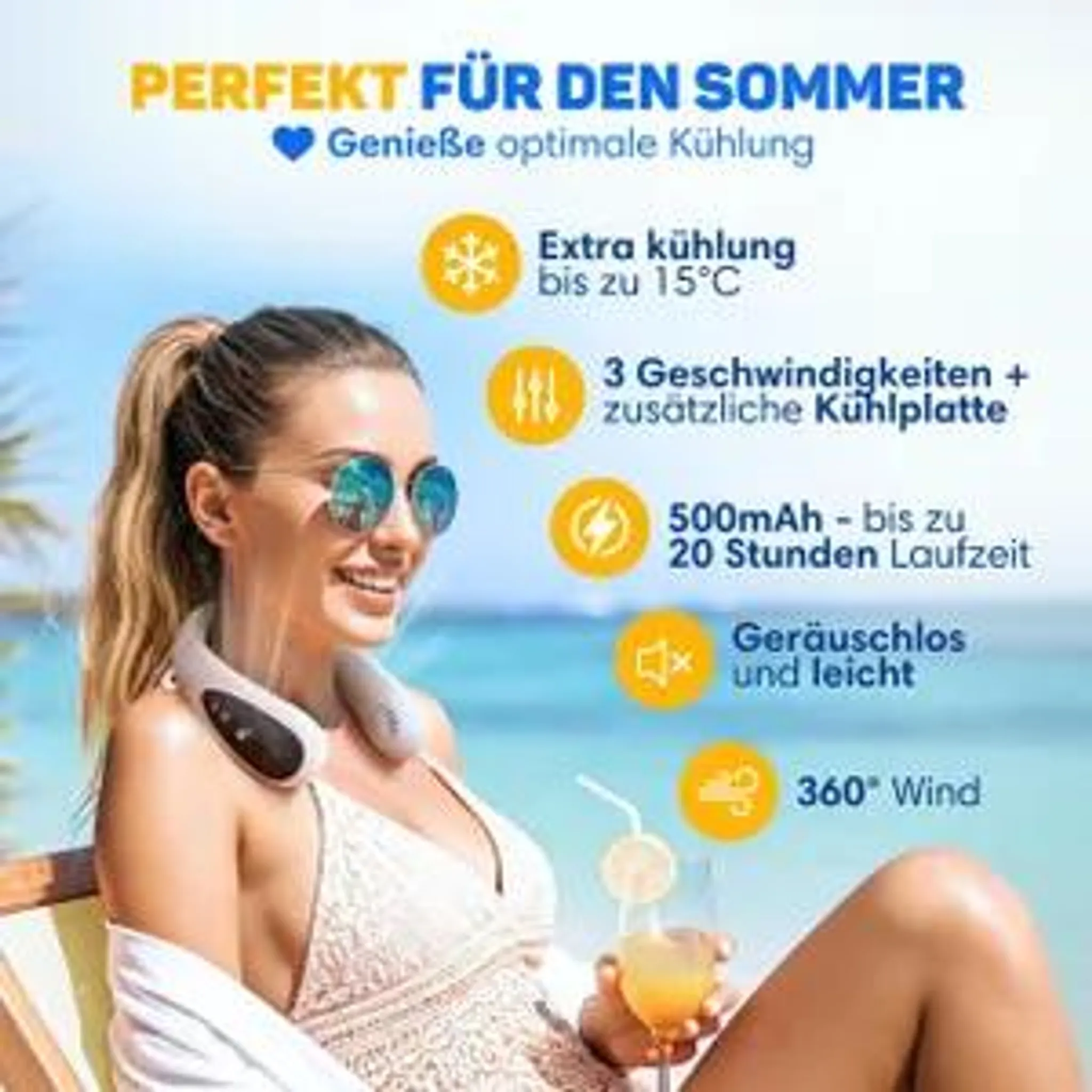 Frau am Strand trägt Nackenventilator und Sonnenbrille, mit Textgrafiken zu Produktfunktionen.