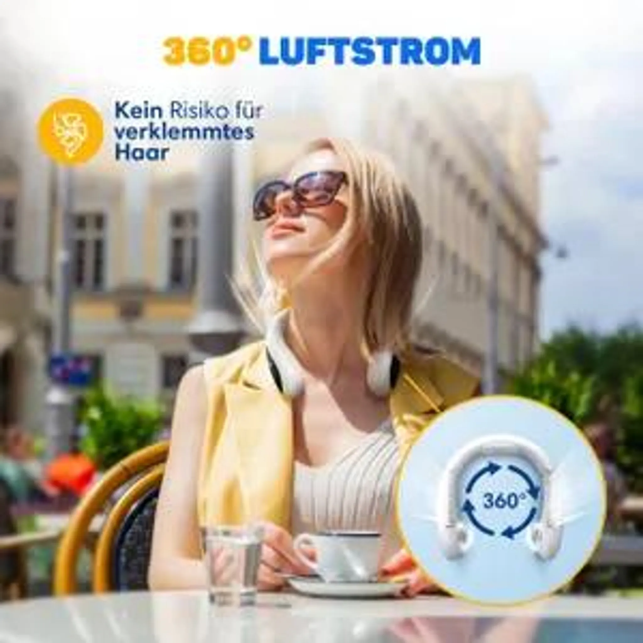 Frau sitzt im Café mit Nackenventilator und Text "360 Grad Luftstrom".