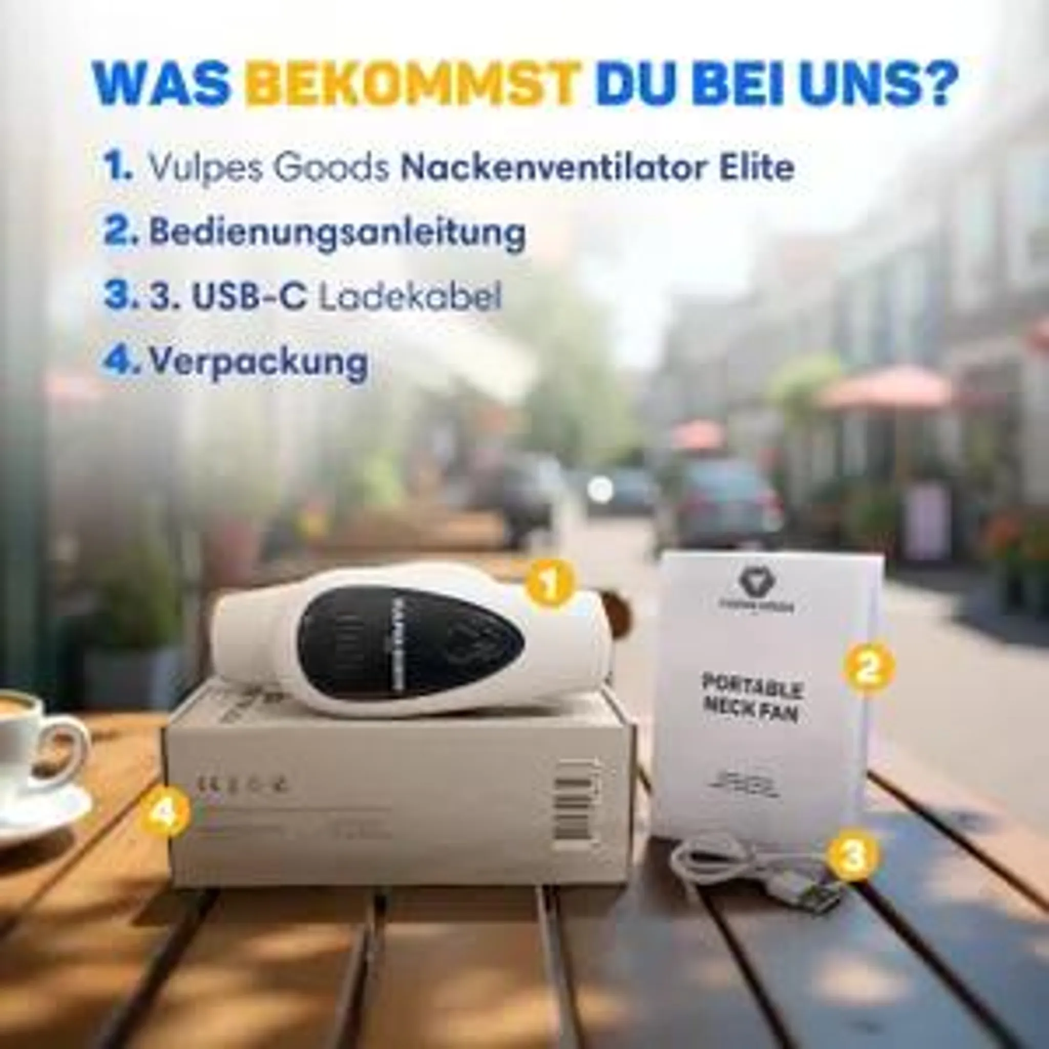 Ein Nackenventilator, Anleitung, USB-C-Kabel und Verpackung liegen auf einem Holztisch.