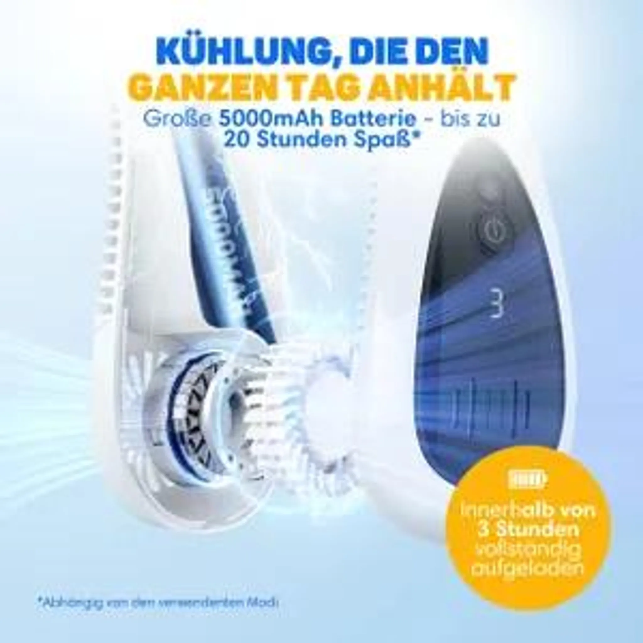 Eine Werbung für einen tragbaren Ventilator mit 5000mAh Akku zeigt den Innenmotor und das weiße Design.