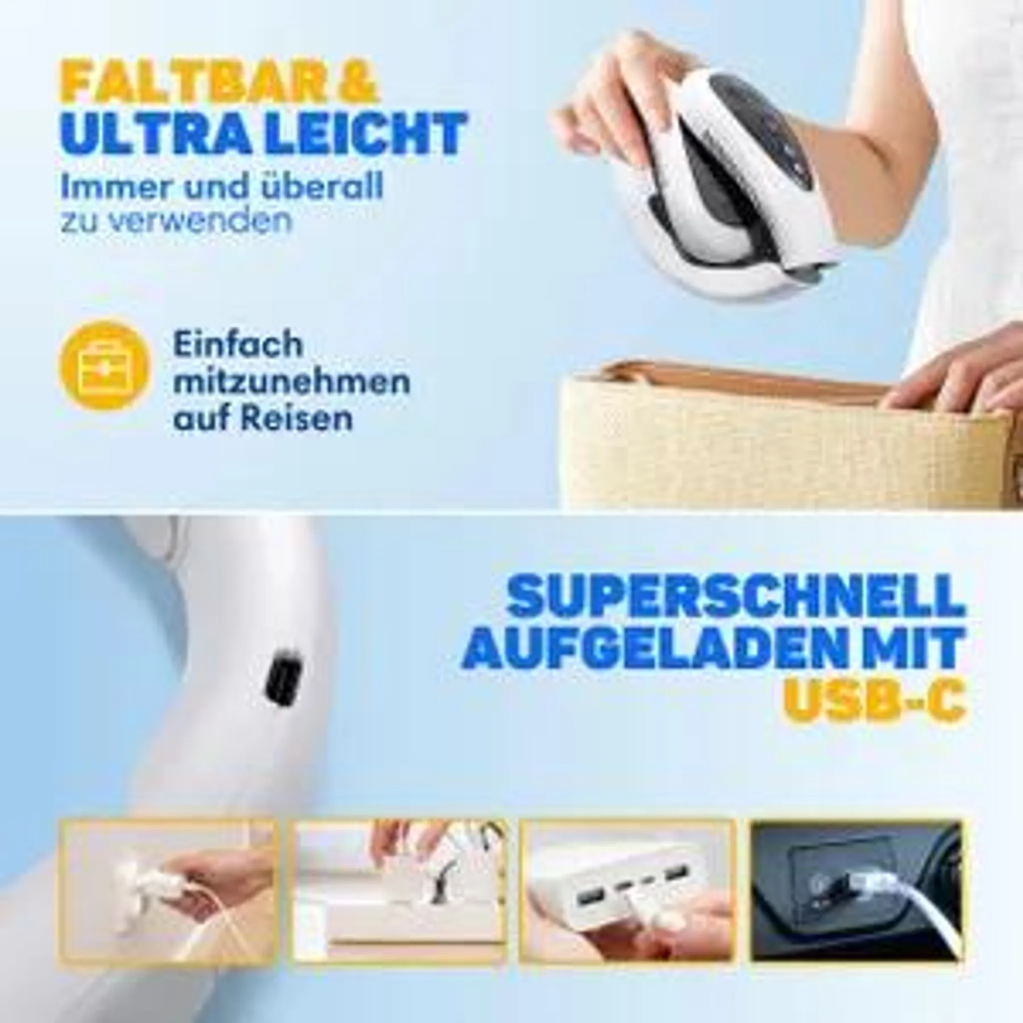 Ein tragbares, faltbares Gerät wird in eine Tasche gesteckt; USB-C-Kabel zum schnellen Aufladen zu sehen.