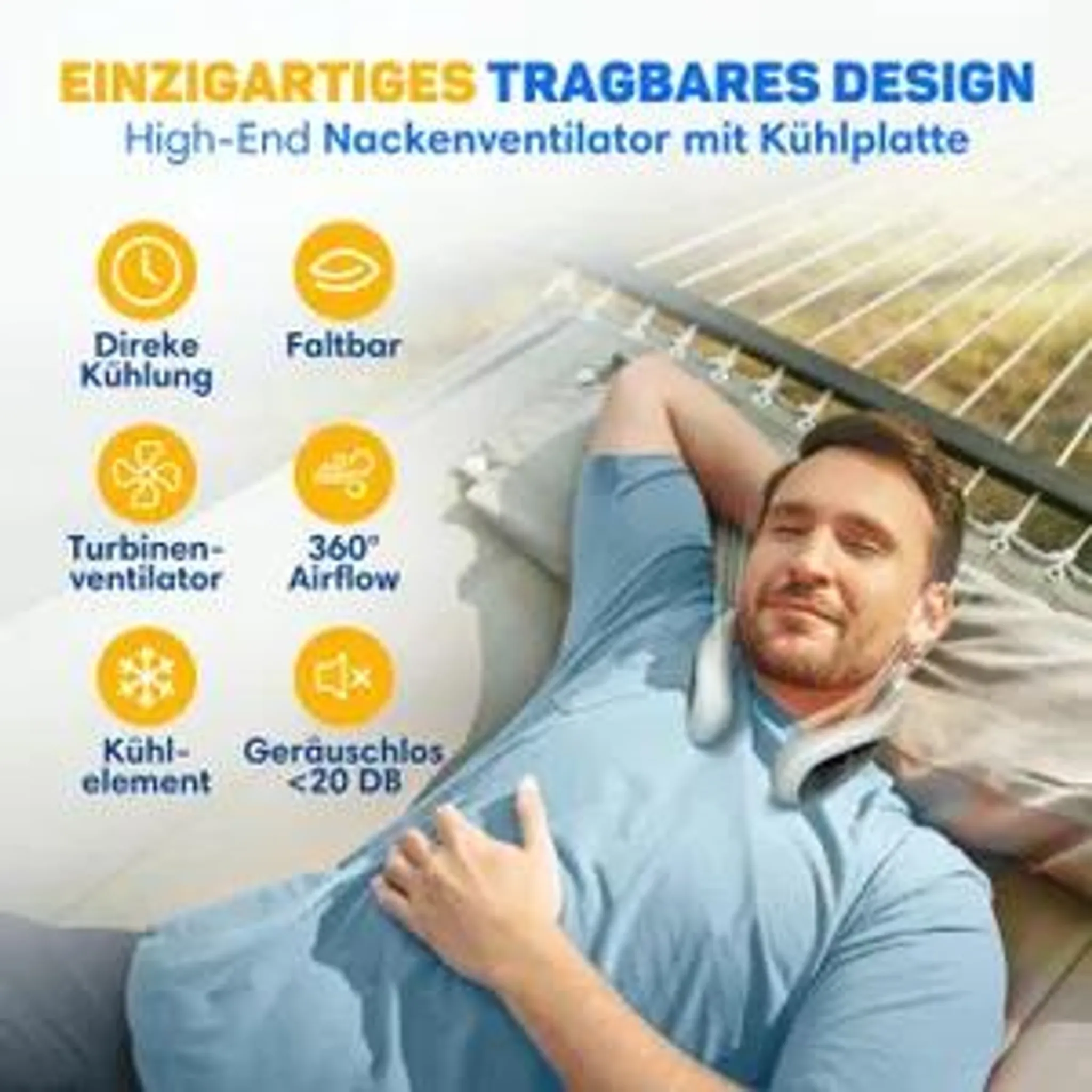 Ein Mann entspannt in einer Hängematte und trägt einen tragbaren Nackenventilator mit verschiedenen Produktmerkmalen.
