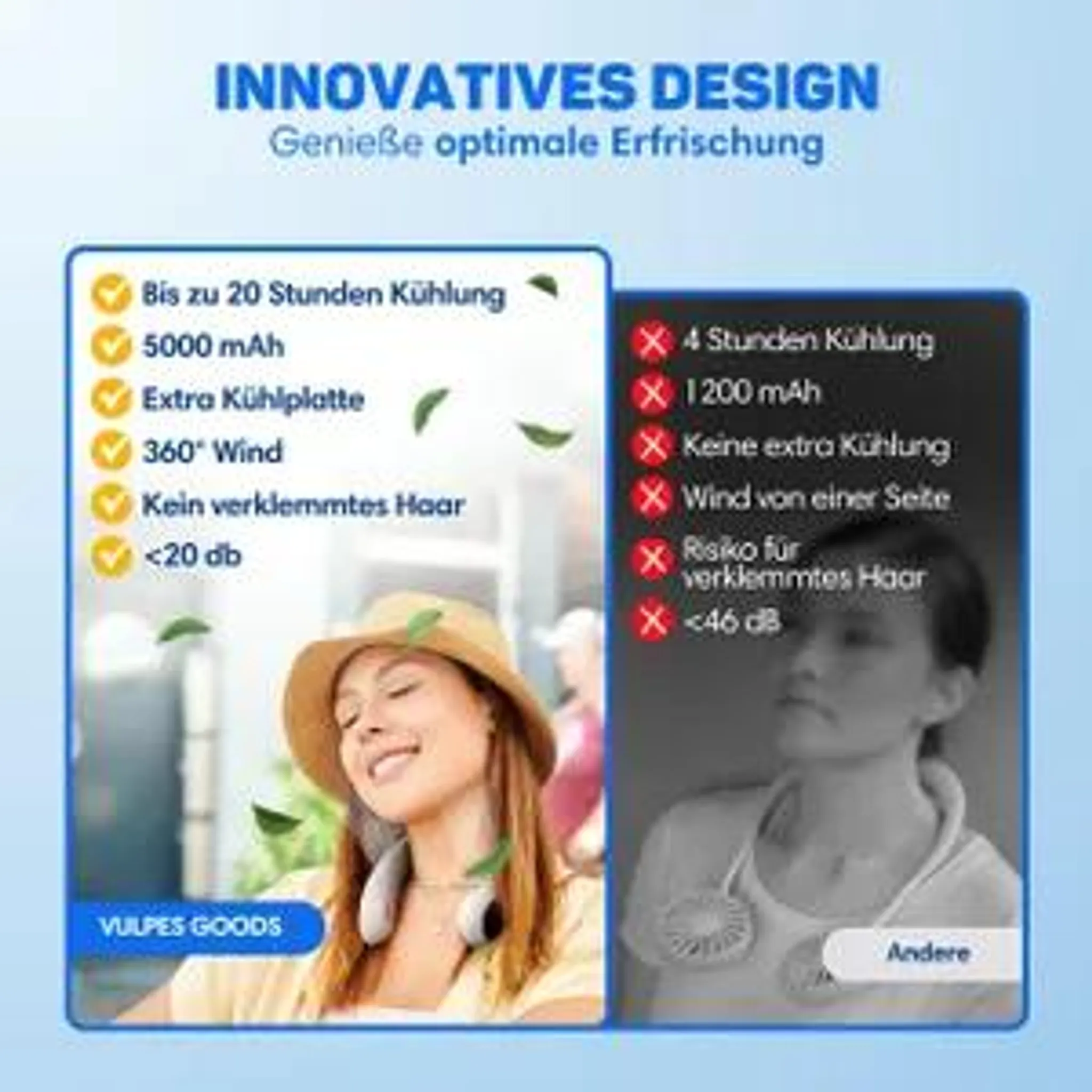 Vergleich zweier Nackenfventilatoren: Produkt mit vielen Vorteilen links, minderwertiges Modell rechts.