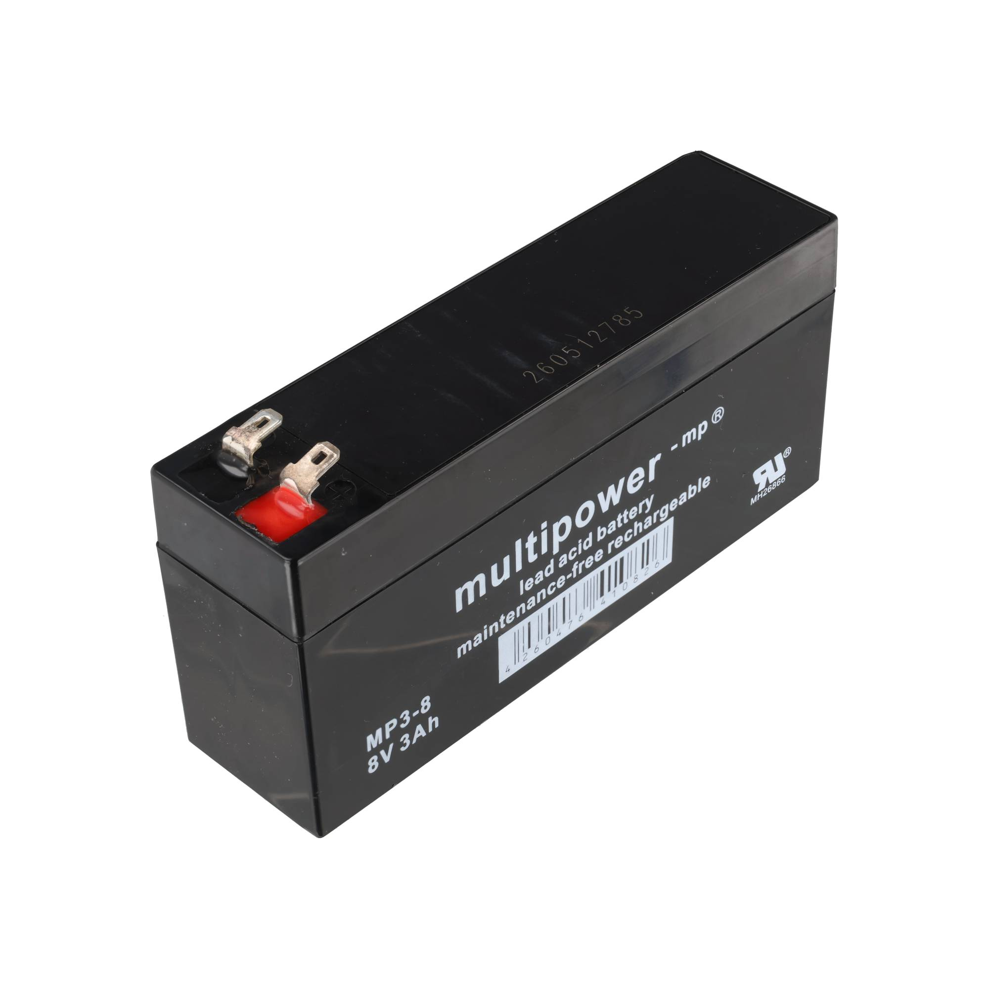 Schwarze Multipower Bleiakku Batterie mit zwei Anschlüssen auf weißem Hintergrund.