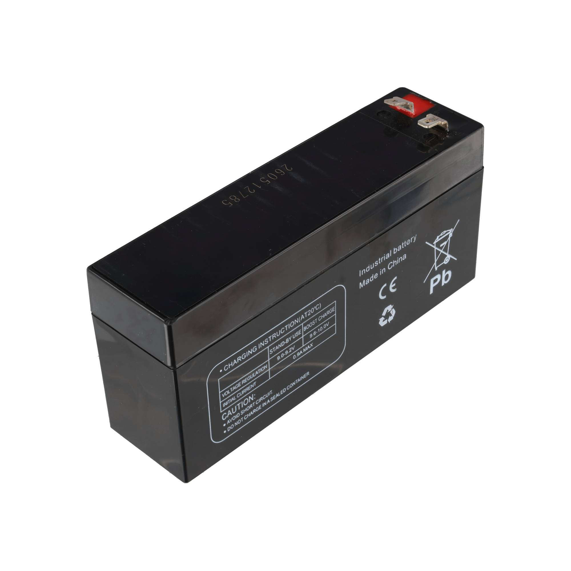 Schwarze Industrie-Bleibatterie mit weißen Ladehinweisen und zwei Terminals auf der Oberseite.