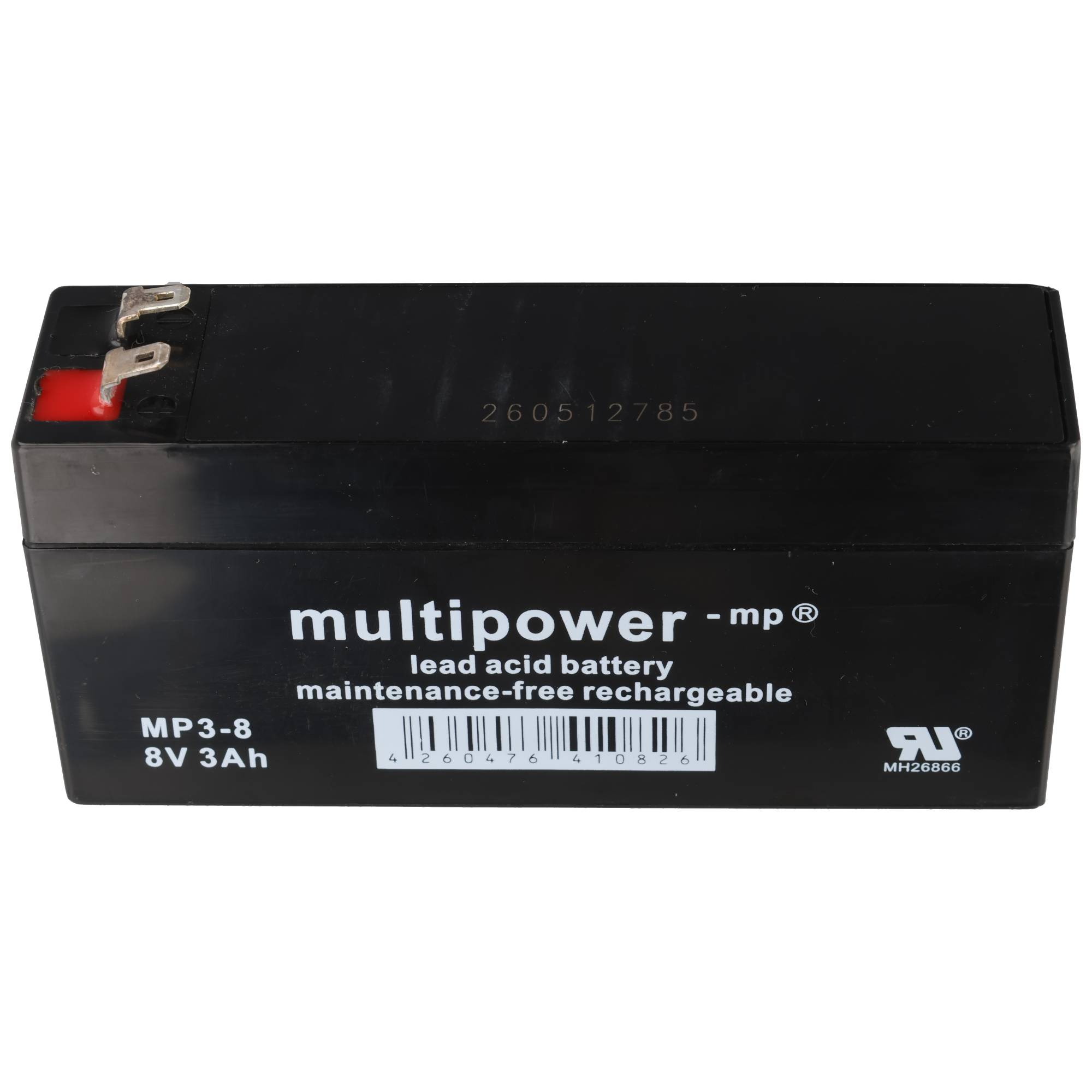 Eine schwarze Multipower 8V 3Ah wartungsfreie Blei-Säure-Akkubatterie vor weißem Hintergrund.