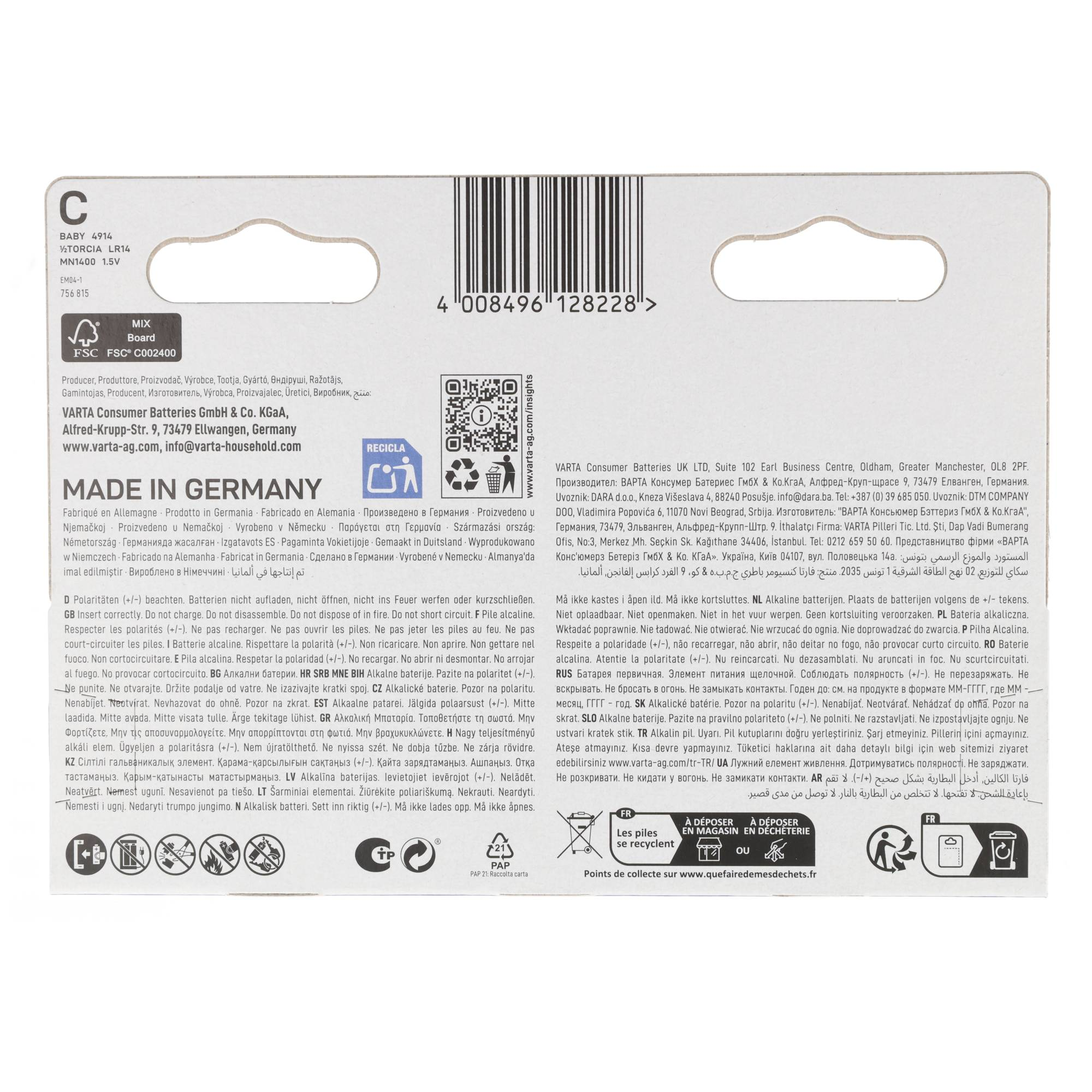 Rückseite einer Varta-Batterieverpackung mit Text, Barcode, FSC-Logo und Recycling-Hinweisen.