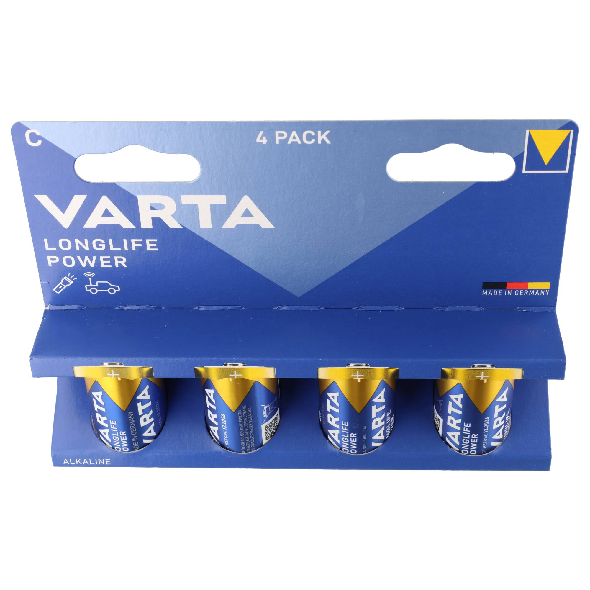 Vier blaue Varta Longlife Power C-Batterien in einer Packung auf weißem Hintergrund.