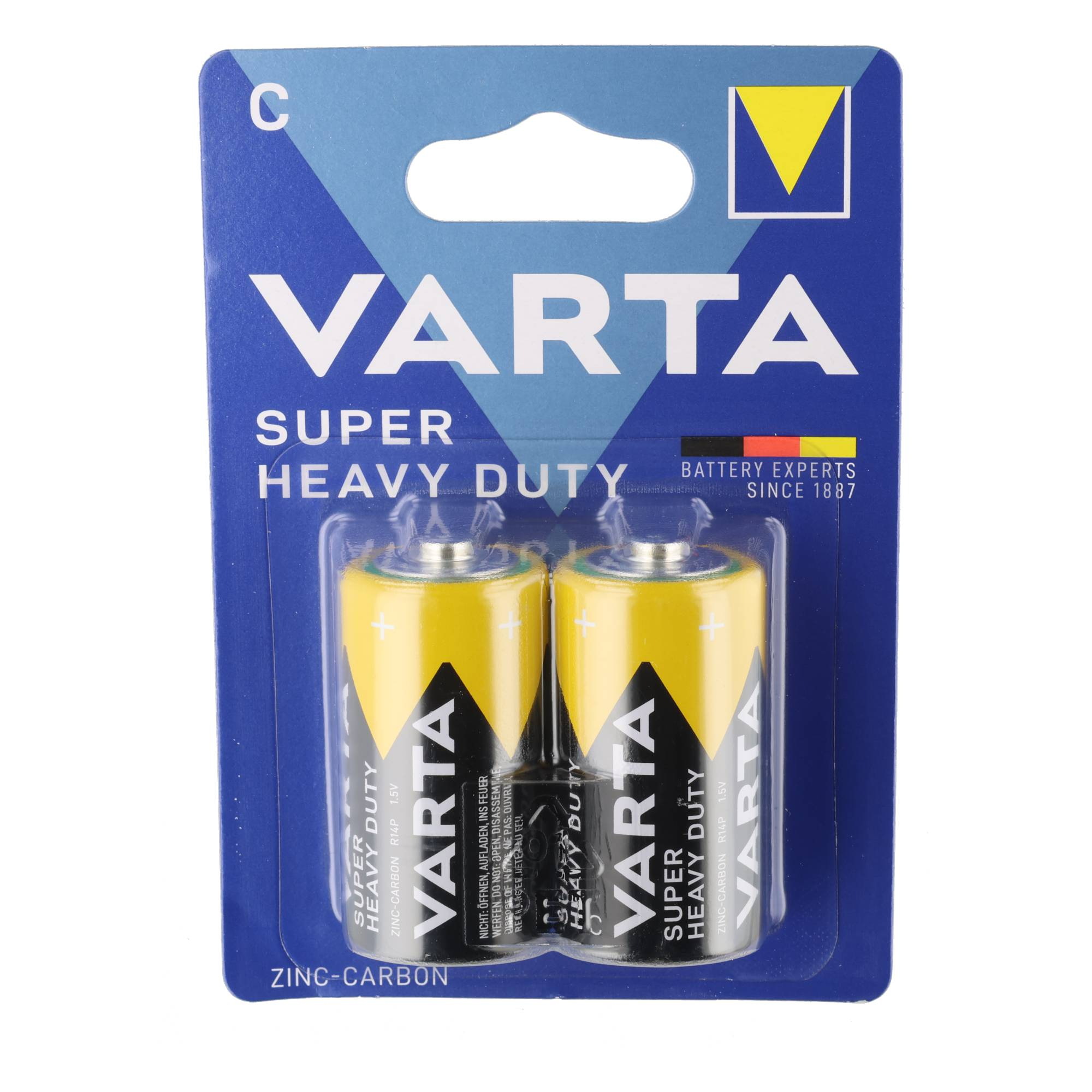 Zwei Varta Super Heavy Duty C-Zink-Kohle-Batterien in blauer und gelber Blisterpackung.