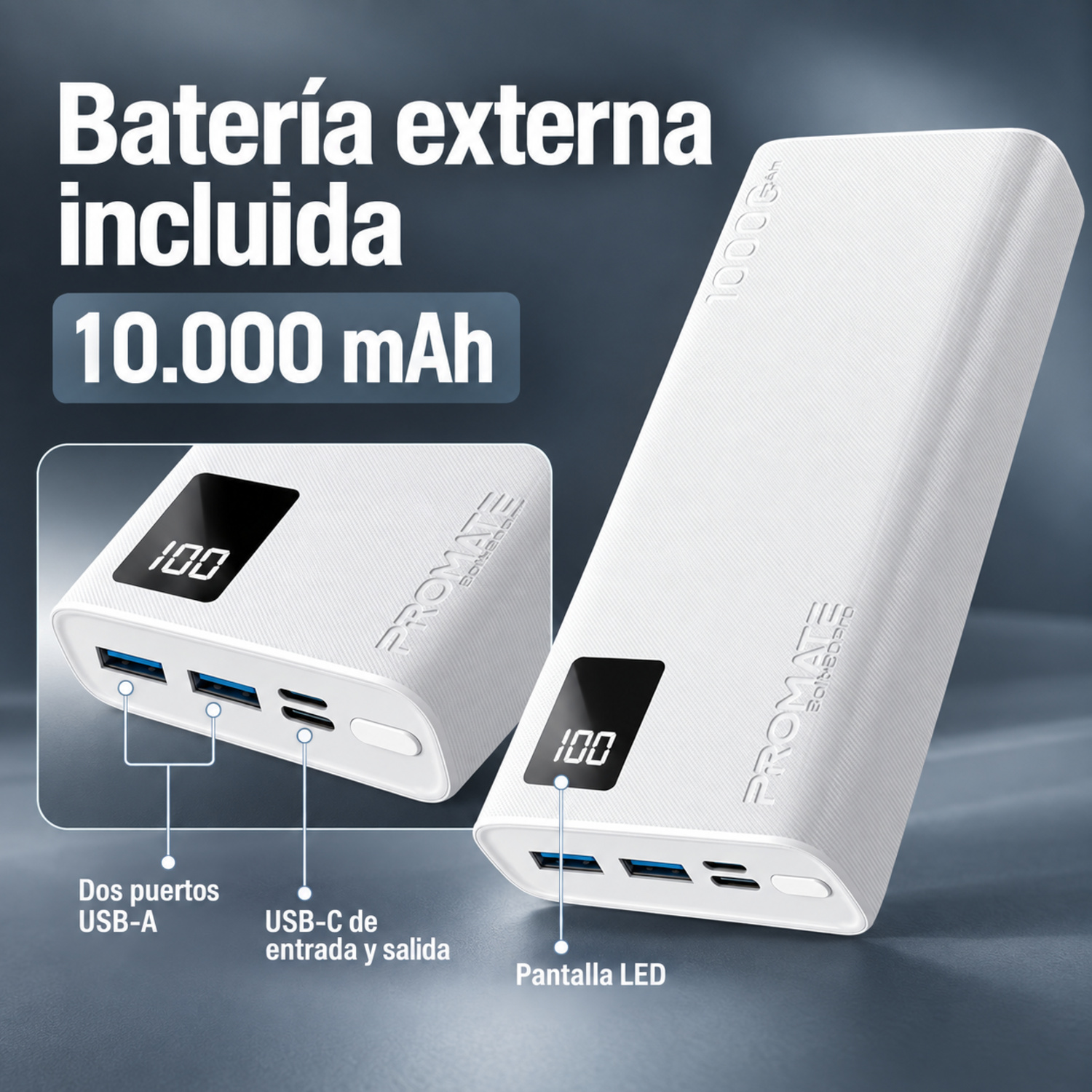 Batería externa blanca Promate de 10000mAh con pantalla LED y puertos USB.