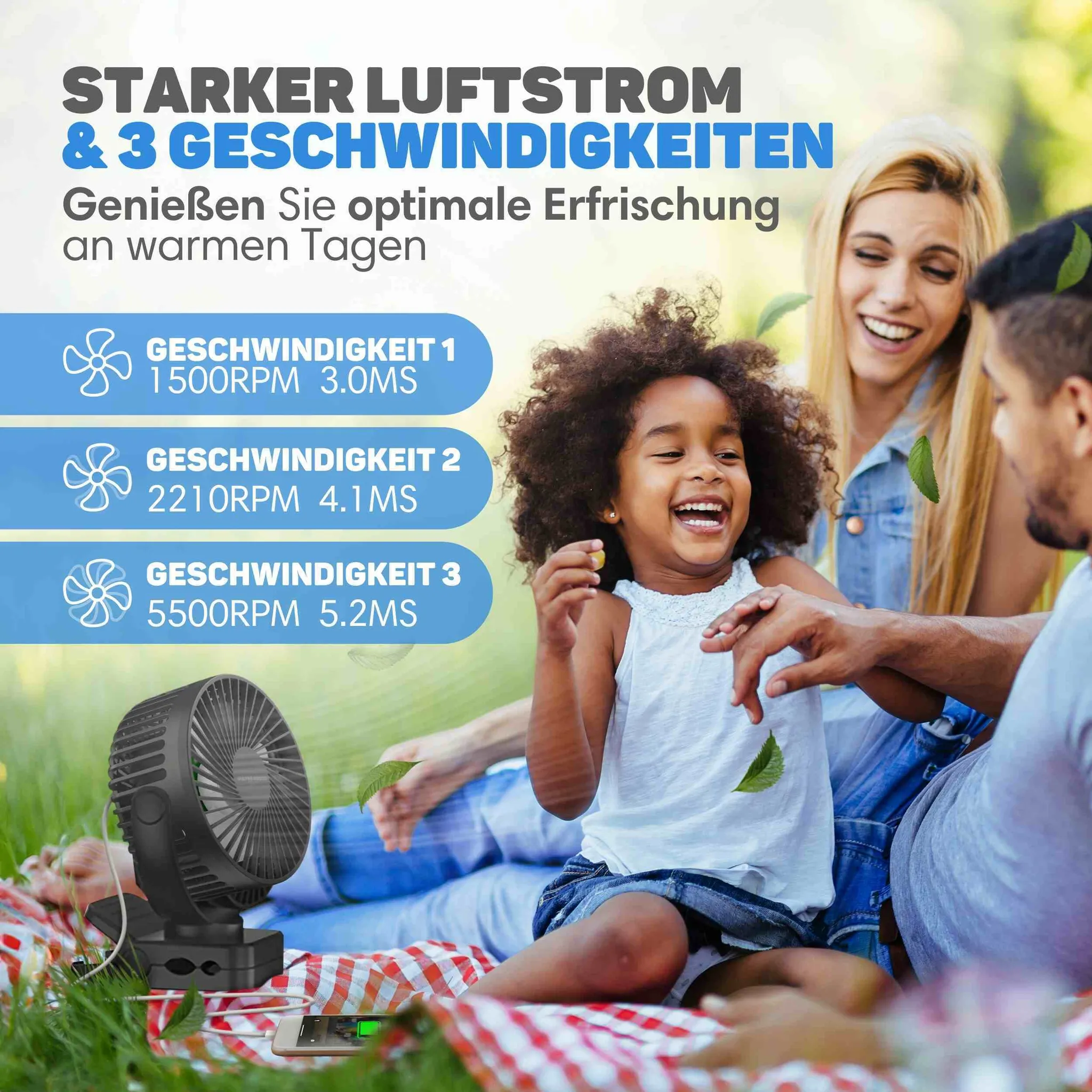Glückliche Familie bei einem Picknick, eine Frau lächelt neben einem kleinen Ventilator, der auf einer Decke steht.