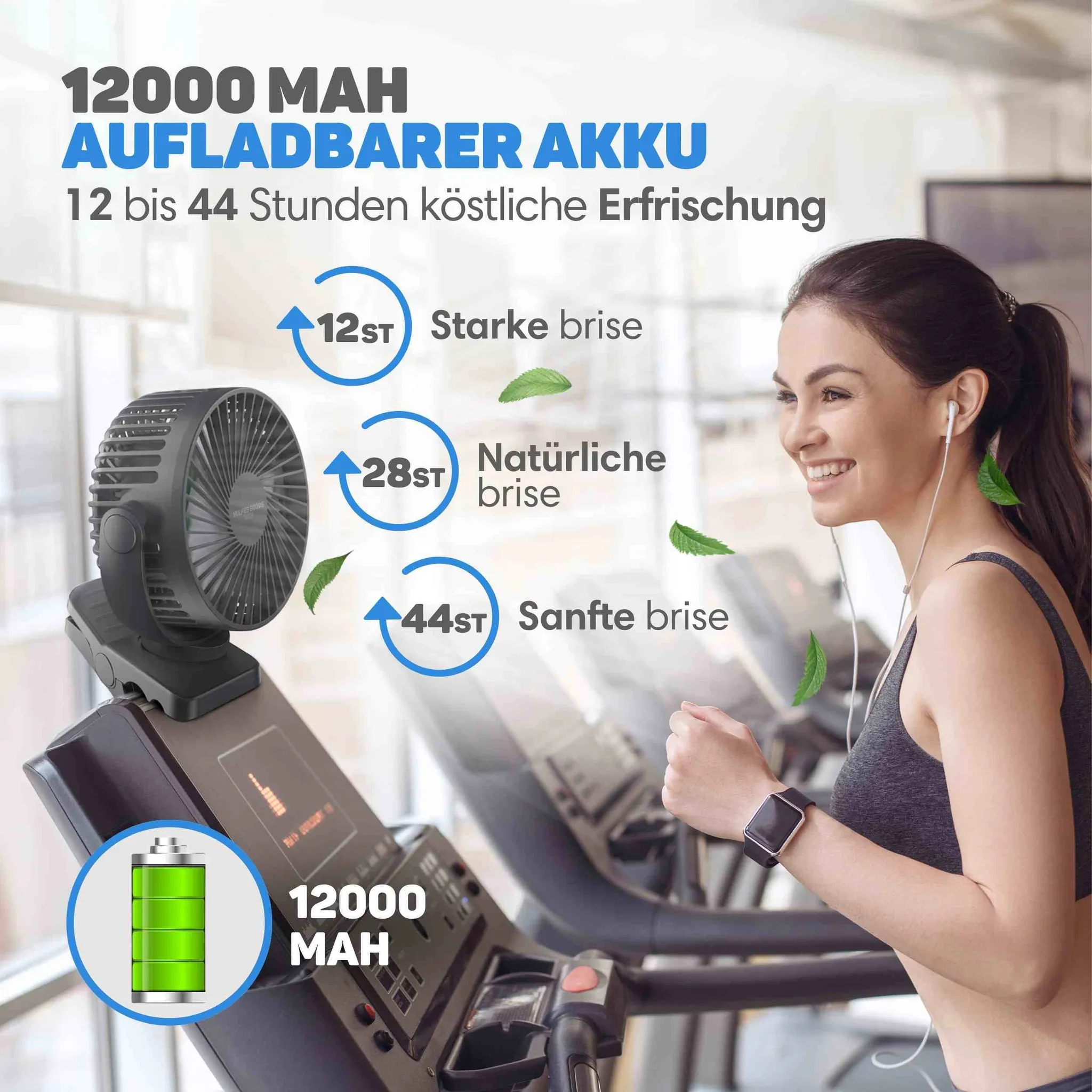 Eine Frau läuft auf einem Laufband neben einem kleinen schwarzen Klemmventilator mit Akkuangaben.
