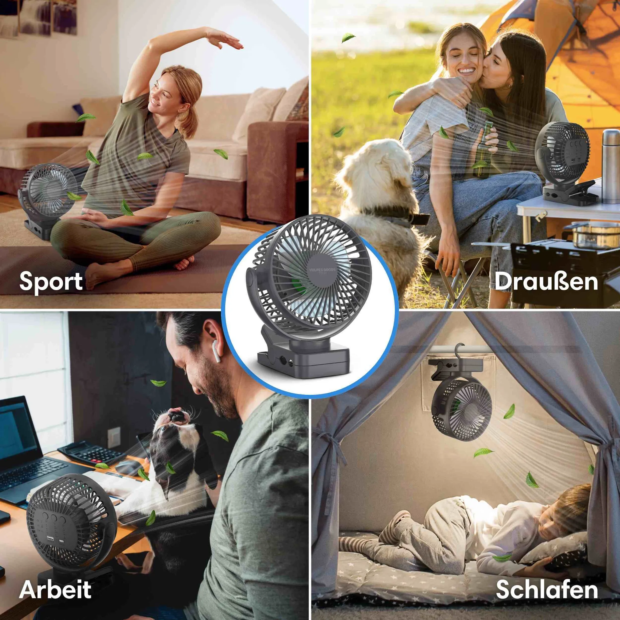 Ein kleiner dunkelgrauer Klemmventilator für Sport, Draußen, Arbeit und Schlafen, gezeigt mit wehenden grünen Blättern.