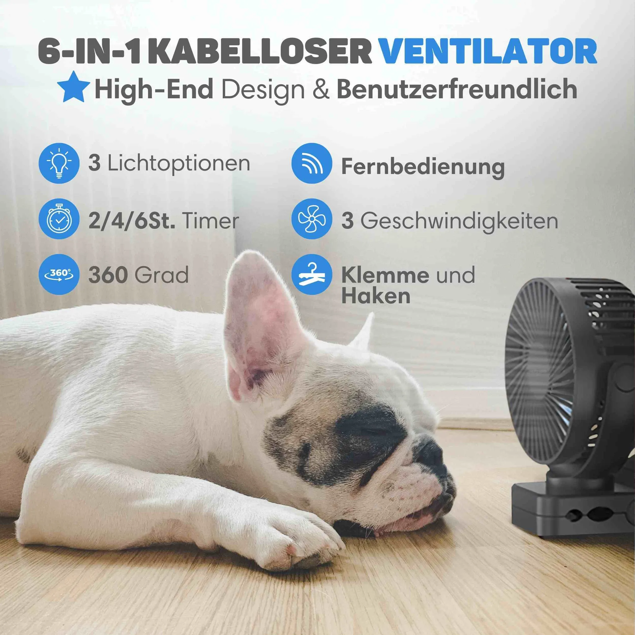 Ein weißer Hund liegt auf dem Holzboden und schläft vor einem kleinen schwarzen Ventilator.