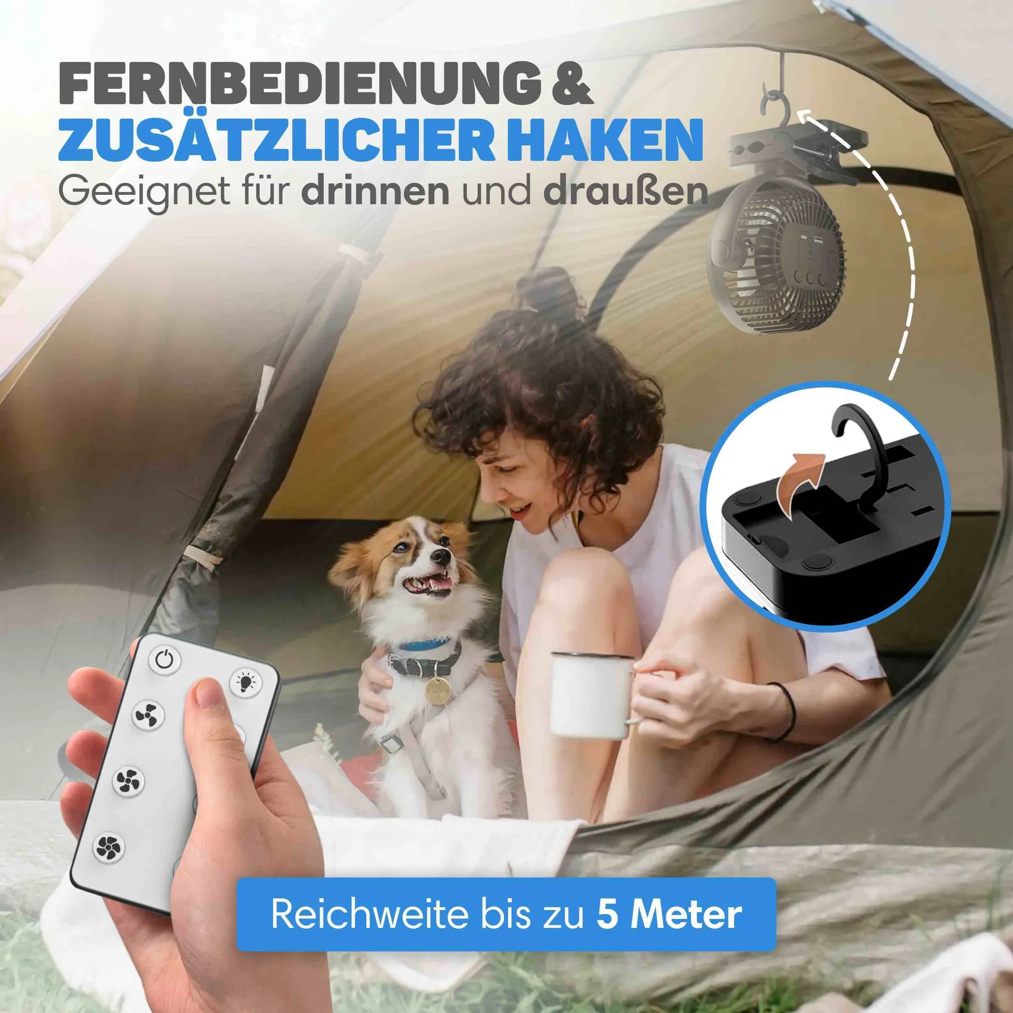 Frau und Hund im Zelt, mit Fernbedienung und hängendem Ventilator.