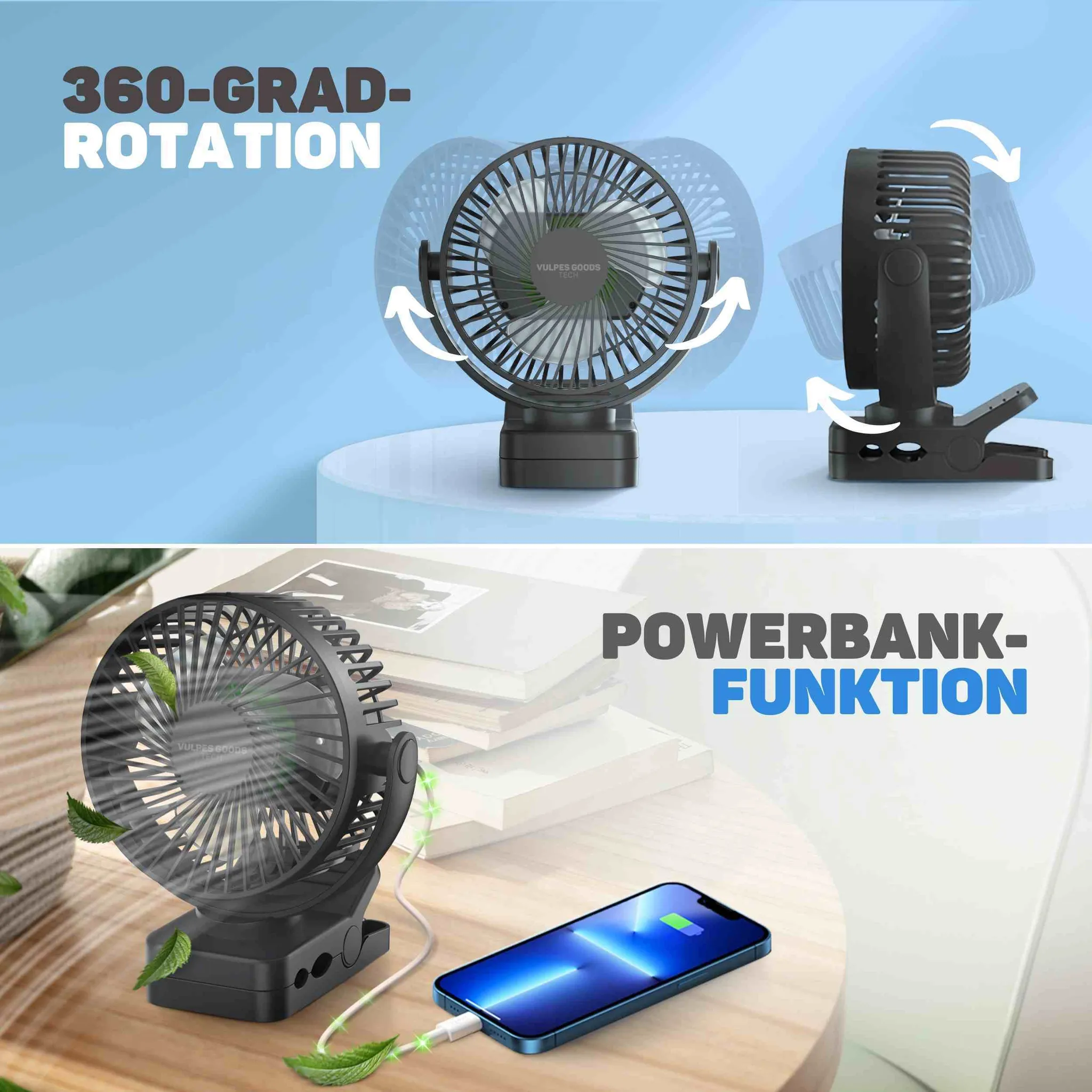 Ein kleiner schwarzer Tischventilator mit 360-Grad-Rotation und Powerbank-Funktion lädt ein Smartphone auf.