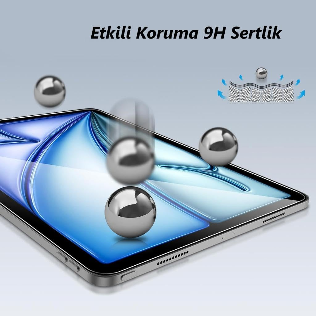 9H sertliği gösteren bir tablet ekranında seken çelik bilyeler.