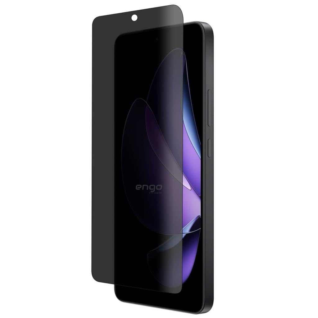 Koyu ekranlı modern bir akıllı telefonun önünde çapraz duran siyah bir ekran koruyucu.