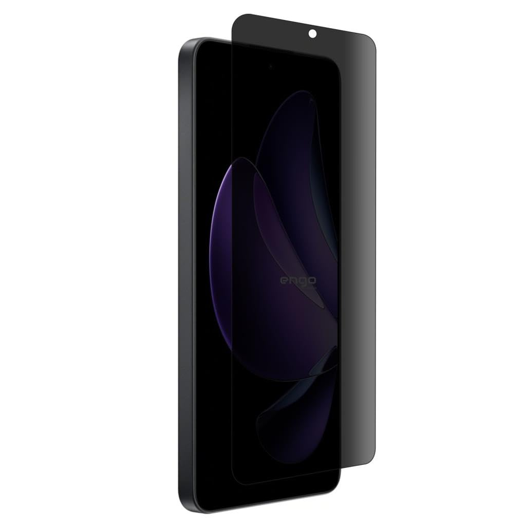 Koyu renkli ekran koruyucusu hafifçe kaldırılmış, ekranda mor soyut grafik gösteren bir akıllı telefon.