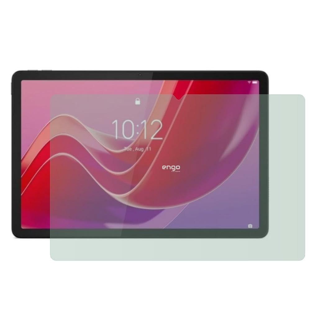Kırmızı duvar kağıtlı tablet 10:12 saatini gösteriyor, önünde şeffaf koruyucu film var.