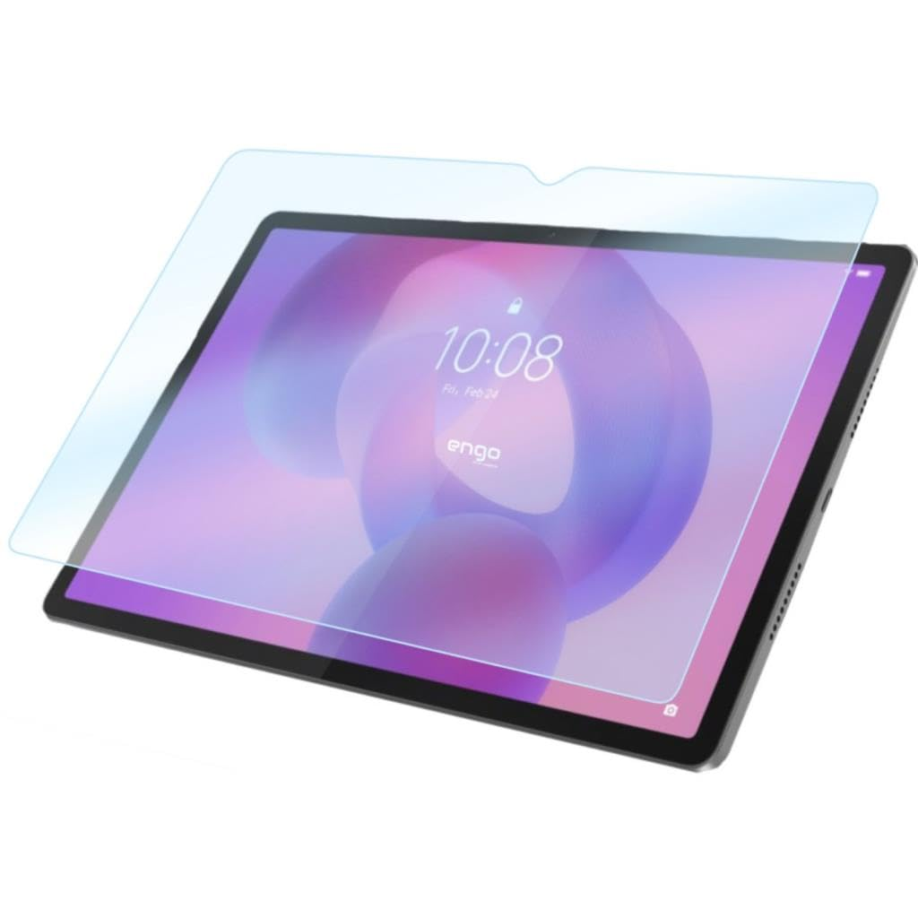 Mor ekranlı bir tablet ve üzerinde hafifçe havada duran mavi bir koruyucu film.
