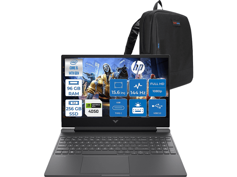 HP Victus 6GB RTX4050 BY2K1EAF36 Intel Core i5-14450HX 96 GB RAM 256 GB SSD 15,6 inç FreeDOS Laptop+Çanta Siyah