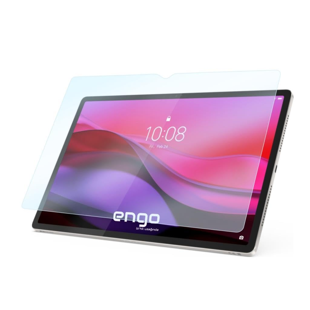 Beyaz arka plan üzerinde üzerinde yüzen şeffaf ekran koruyuculu bir tablet.