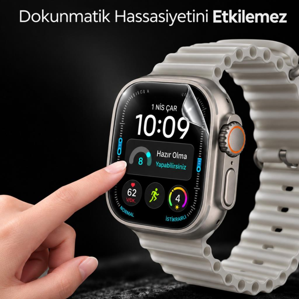 Siyah arka planda beyaz silikon kordonlu gümüş renkli akıllı saatin ekranına dokunan bir parmak.