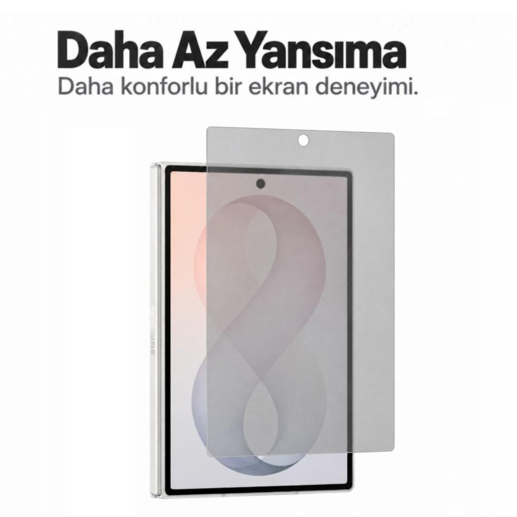 Üst kısmında Türkçe yazılar bulunan ve mat ekran koruyuculu tablet.