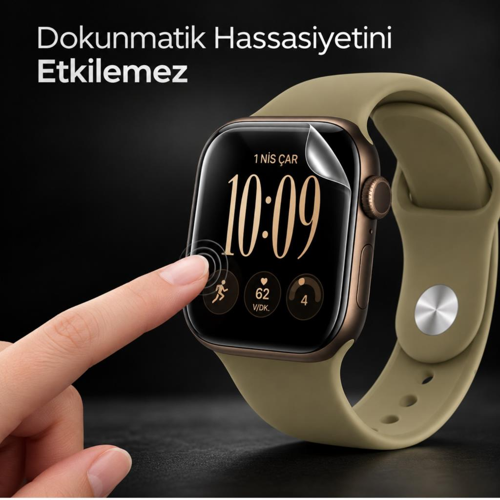 Bej kordonlu akıllı saate dokunan bir el. Metin: Dokunmatik Hassasiyetini Etkilemez.