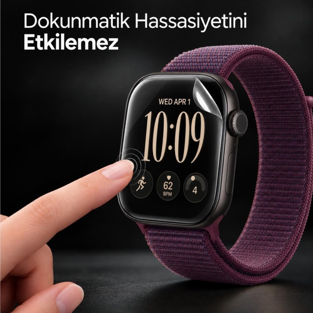 Bir parmak, ekran koruyuculu bir akıllı saat ekranına dokunuyor ve üstte 'Dokunmatik Hassasiyetini Etkilemez' yazıyor.